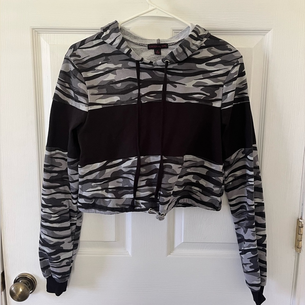 Material Girl Gray and Black Camouflage Cropped Hoodie